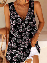 Printed V-Neck Twist Button Sleeveless Tank Top T-Shirt